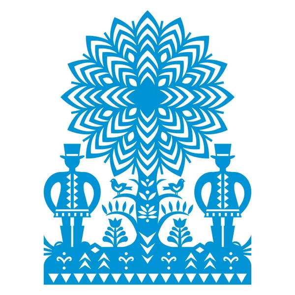 ポーランドの民俗芸術ベクトルパターンWycinanki Kurpiowskie帽子 鳥の2人の男性と クルーピー紙切り抜きデザインと農村風景 — ストックベクタ