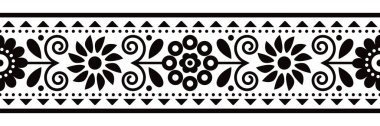 Floral folk art vector seamless embroidery band or belt pattern inspired by traditional designs Lachy Sadeckie from Poland - black and white textile or fabric print ornament clipart