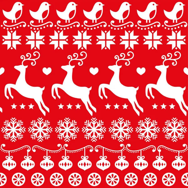 圣诞可爱的民间艺术矢量无缝图案鸟类 驯鹿和雪花 斯堪的纳维亚和北欧启发墙纸 纺织品或织物印花设计白色的红色背景 — 图库矢量图片