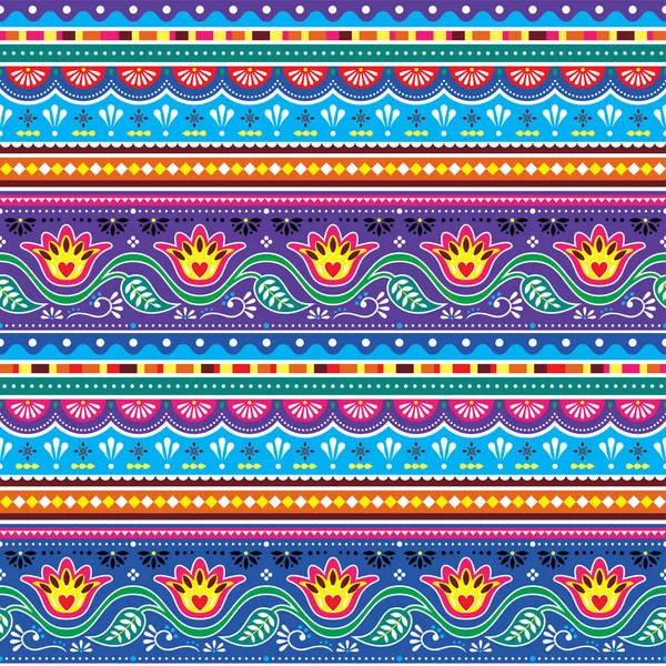 巴基斯坦卡车艺术矢量无缝纺织品或墙纸图案 印度Diwali传统花卉设计与花 叶子和抽象形状蓝色和紫色 — 图库矢量图片