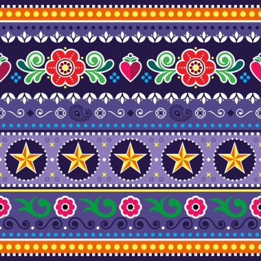 Pakistani and Indian jingle truck vector seamless pattern with hearts, stars and flowers, Diwali folk art colorful ornament  clipart