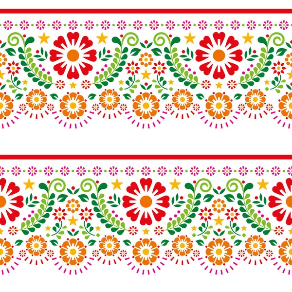葉や幾何学的な形状を持つメキシコの民俗芸術スタイルのベクトルシームレスなパターン テキスタイルやファブリックプリントに最適な活気に満ちた反復的なデザイン — ストックベクタ