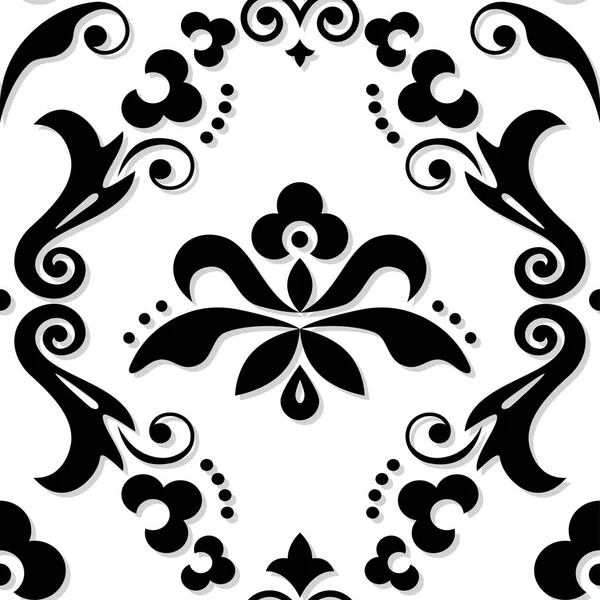 ダマスク王室ベクトルシームレスなテキスタイルやファービックプリントパターン 白を背景に黒で花 渦巻きや葉と古典的な勝利繰り返しのデザイン — ストックベクタ
