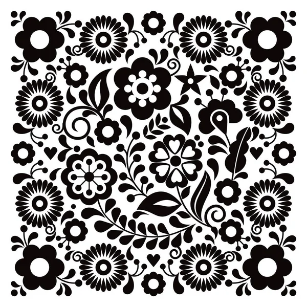 Mexican Folk Art Style Vector Black Floral Pattern Sqaure Greeting — Stock Vector