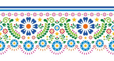 Meksika halk sanatı tarzı, çiçek, yaprak ve geometrik şekilli uzun yatay desensiz vektör. Duvar kağıdı, tekstil ya da kumaş baskısı için mükemmel tekrarlayan tasarım.