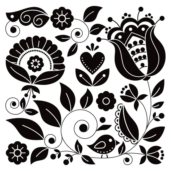Scandinavian Folk Art Vector Black White Square Floral Design Bird — Stock Vector