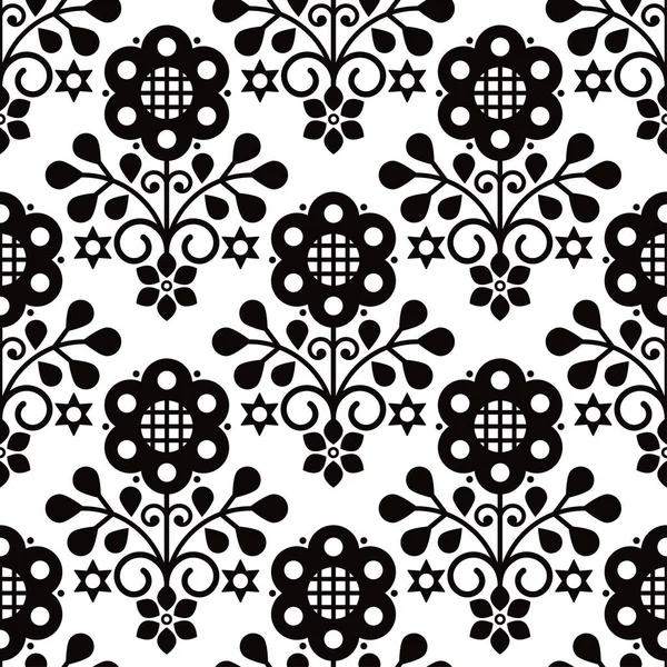 ポーランドの民俗芸術のレトロベクトルシームレスなパターン 黒と白の花のテキスタイルやファブリックプリントデザイン — ストックベクタ