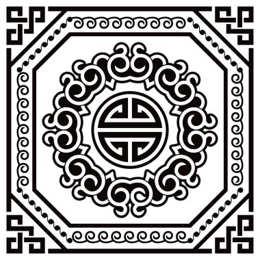 Swilrs ve geometrik vektör tasarımlı Moğol doğulu desenler, Orta Asya 'nın siyah ve beyaz dekorundan esinlenen retro halk sanatları süsü