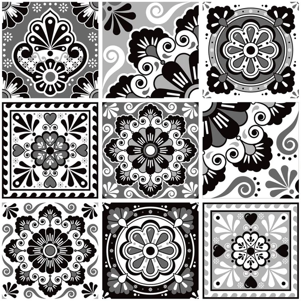 メキシコのタレバタイルベクトルシームレスネイビーブルーのパターンと花の葉 心と渦巻き グレーと白の大きなセット メキシコの装飾タイルとして繰り返しデザインスタイル — ストックベクタ