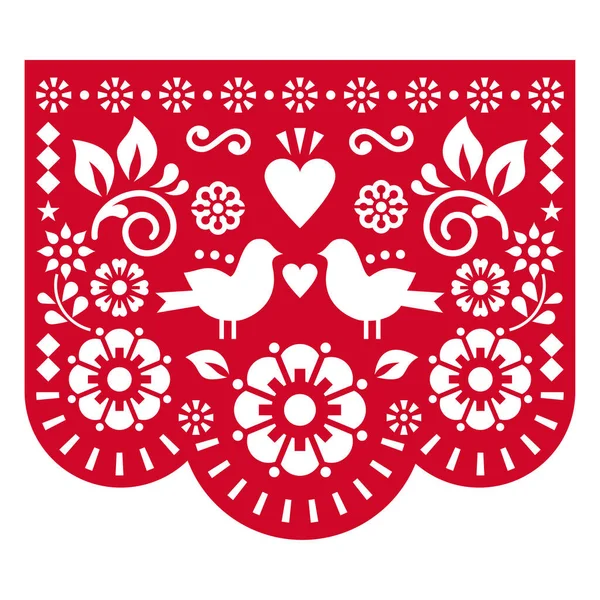 バレンタインデーの紙の切り抜きの装飾メキシコのパペル鳥 心と花 赤の背景とピカドベクトルデザイン — ストックベクタ