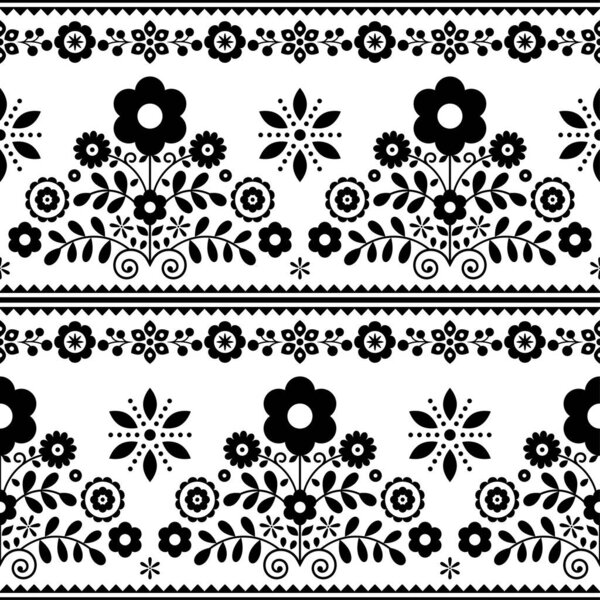 Цветочный вектор народного искусства бесшовный текстиль или тканевый рисунок с цветами - польское народное искусство Lachy Sadeckie в черно-белом цвете