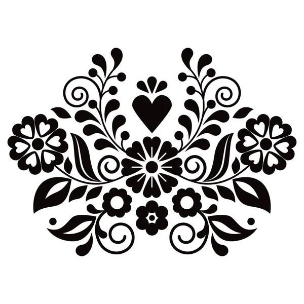 葉や心臓 メキシコの伝統的な刺繍スタイルの民俗芸術ベクトルのデザインは 黒と白のグリーティングカードや結婚式の招待状パターンに最適です — ストックベクタ