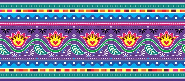 パキスタンとインドの花トラックアートベクトルシームレスな長い水平パターン 青と紫の花 葉と抽象的な形状とインドのDiwali伝統的な花のデザイン — ストックベクタ