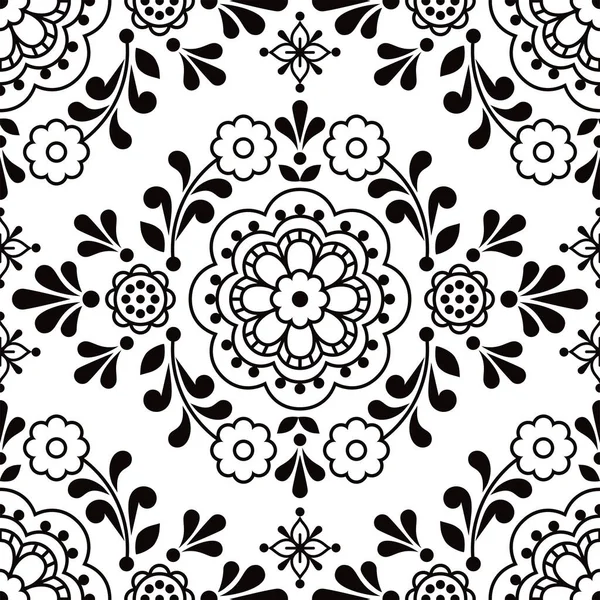 北欧の花民俗芸術ベクトルシームレスパターン 黒と白のテキスタイルやファブリックプリントに最適なかわいい装飾デザイン — ストックベクタ