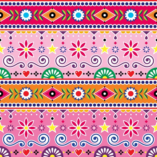 パキスタンとインドのシームレスなベクトルパターン ジングルトラックアートデザイン ピンクとオレンジの花と抽象的な形状のかわいい飾り — ストックベクタ