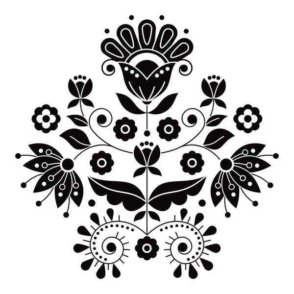 スウェーデンの伝統的な刺繍パターン 渦巻き 葉をモチーフにした北欧のかわいい民俗芸術ベクトルデザイン白で黒 — ストックベクタ