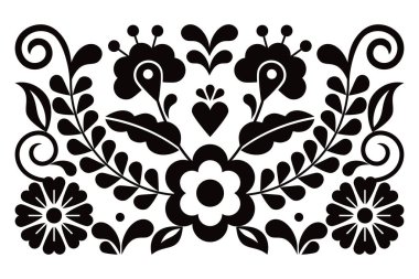 Meksika halk sanatı tarzı kutlama kartı ya da düğün davetiyesi tasarımı, çiçek yaprakları ve kalbi siyah beyaz olan geleneksel desen 