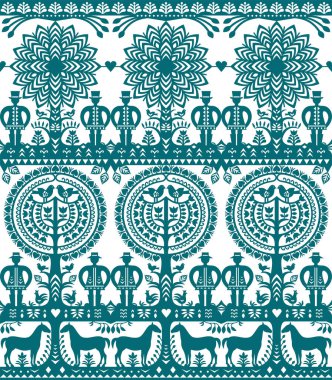 Polish paper cut out folk art vector  seamless pattern Wycinanki Kurpiowskie with men in hats, tree and birds - Kurpie design clipart
