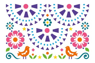 Meksika halk sanatı tarzı tebrik kartı veya kuşlar, çiçekler ve yapraklarla davetiye tasarımı 