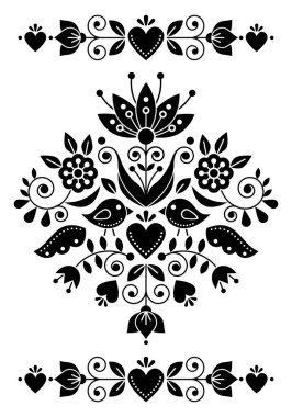 İsveç halk sanatı tebrik kartı ya da kuşlar ve çiçek motifli davetiye tasarımı, geleneksel İskandinav sanatından esinlenilmiş siyah ve beyaz desenli