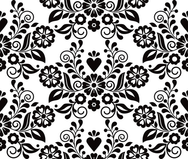 Мексиканские ретро декоративные цветочные вышивки стиль векторной бездискретной шаблон, текстиль или ткань печати дизайн вдохновлен народного искусства из Мексики в черно-белом 