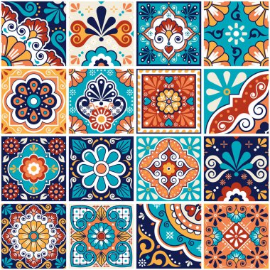 Mexican talavera tiles big collection, decorative seamless vector pattern set with flowers, leaves ans swirls in turquoise green and orange