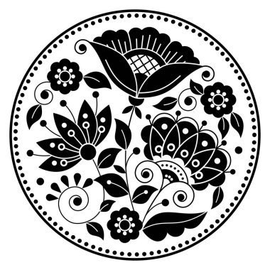 Swedish folk art vector mandala design pattern with flowers, leaves and swirls in frame inspired by the traditional embroidery from Scandinavia in black and white