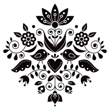 Scandianvian traditional folk art vector design with flowers and birds, inspired by traditional embroidery patterns from Sweden in black and white