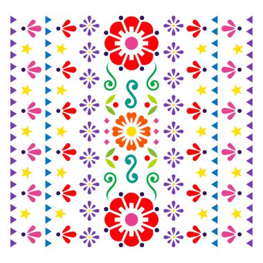 Mexican folk art style vector greeting card or invitation design, floral vibrant pattern in red, green and purple
