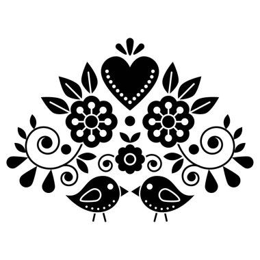 Swedish folk art vector cute pattern with black and white birds, heart, and flowers inspired by the traditional Scandinavian art - Valentine's Day greeting card or wedding invitation design 
