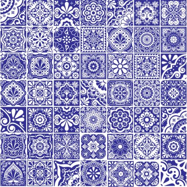 Mexican talavera tiles vector seamless pattern collection,  different size and style design set in black and white