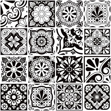 Mexican talavera tiles big collection, decorative seamless vector pattern set with flowers, leaves ans swirls in black and white