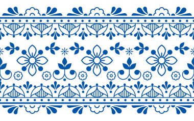 İskandinav halk sanatı ana hatları vektörü uzun yatay yönelimli tekstil ya da kumaş deseni, çiçekli lacivert retro tasarımı 