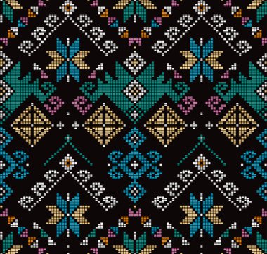 Yakan 'ın esinlenilmiş kusursuz vektör deseni - Filipin geleneksel geometrik tekstil veya siyah arkaplan üzerine kumaş deseni