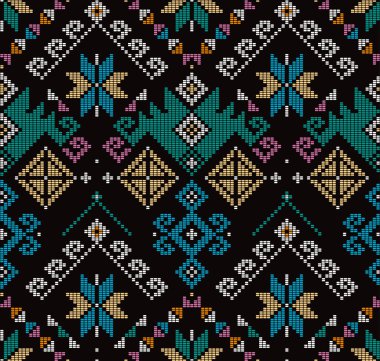 Yakan weaving inspired vector seamless pattern - Filipino traditonal geometric textile or fabric print design on black background clipart