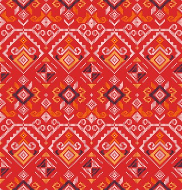Filipino folk art Yakan weaving inspired vector seamless pattern on red background - geometric design perfect for textile or fabric print