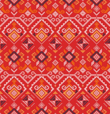 Filipino folk art Yakan weaving inspired vector seamless pattern on red background - geometric design perfect for textile or fabric print clipart