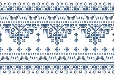 Zmijanjski vez embroidery style vector long horizontal seamless pattern - textile or fabric print ispired by cross-stitch folk art designs from Bosnia and Herzegovina 