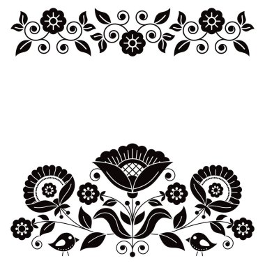 Swedish folk art vector greeting card pattern with black and white birds, heart, and flowers inspired by the traditional Scandinavian art