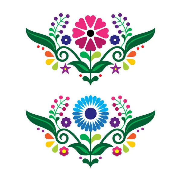 メキシコの伝統的な民俗芸術スタイルのベクトルグリーティングカードや赤とピンクの花と招待デザインコレクション メキシコからの刺繍に触発活気のあるパターン — ストックベクタ