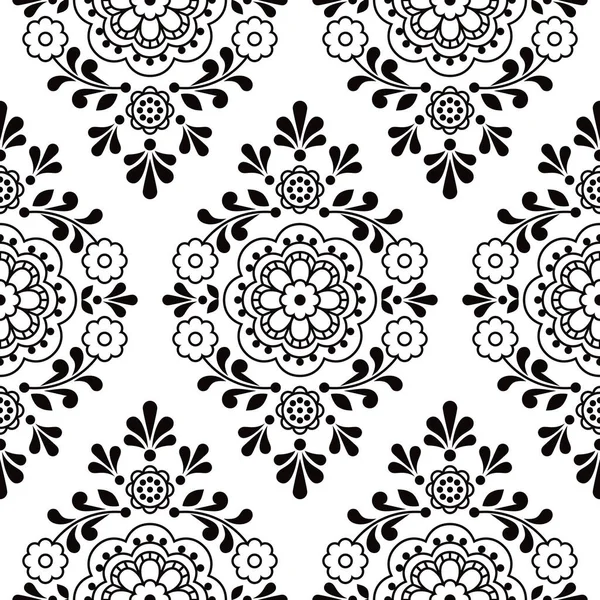 花の民俗輪郭ベクトルシームレスなパターンと花 装飾黒と白のデザインレースと刺繍に触発された花北欧アート — ストックベクタ