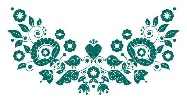 スカンジナビアの伝統的な民俗芸術のベクトルデザイン緑の花 鳥や心臓 北欧の刺繍芸術に触発されたかわいい長いパターン — ストックベクタ