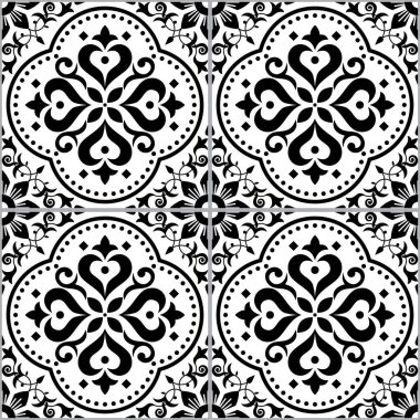 Lizbon, Portekiz tarzı Azulejo fayanssız vektör deseni siyah ad beyaz, tekrar eden çiçek tekstili, kumaş deseni 