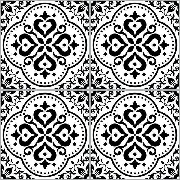 リスボン ポルトガルスタイルAzulejoタイルシームレスベクトルパターン黒の広告白 繰り返し花の繊維 ファブリックプリント — ストックベクタ