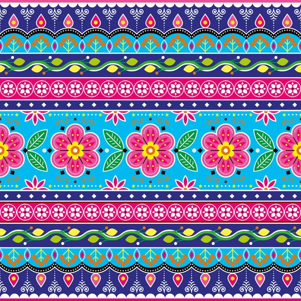 インドとパキスタンのトラックアート繰り返しデザイン ジングルトラックシームレスベクトルパターン 青の背景にカラフルな花の装飾 — ストックベクタ