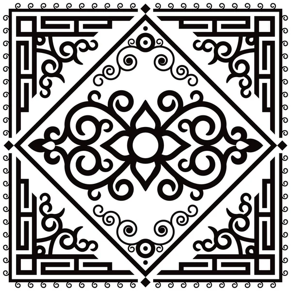 Oriental Vector Black White Square Pattern Inspired Folk Art Monogolia — Stock Vector
