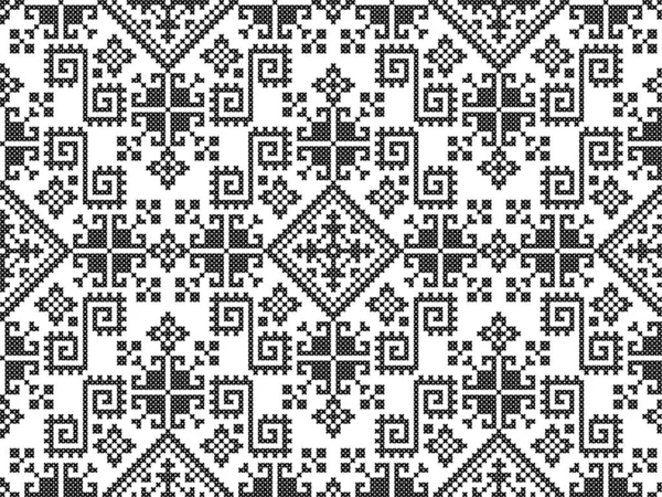 ズミャンジスキー刺繍スタイルベクトルシームレスパターン 黒と白のボスニア ヘルツェゴビナからのクロスステッチの民俗芸術デザインによって発行された繊維や生地のプリント — ストックベクタ