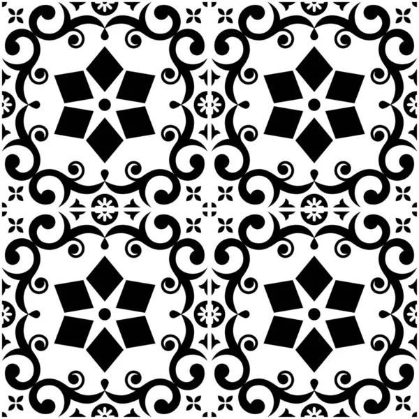 Portuguese Azulejo Tile Seamless Vector Pattern Retro Design Flowers Swirls — Stock Vector