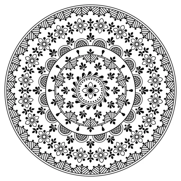 Scandinavian Floral Black White Mandala Vector Embroidery Folk Art Style — Stock Vector