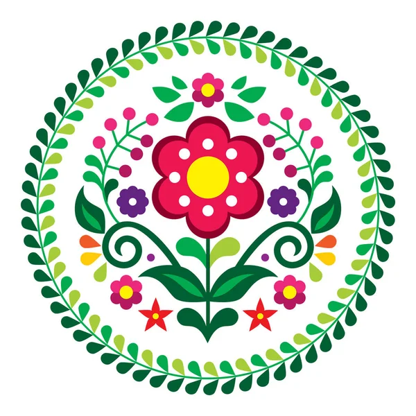 メキシコの伝統的な刺繍デザインに触発されたフレーム カラフルなラウンド組成のメキシコの民俗芸術スタイルベクトルマンダラ花パターン — ストックベクタ